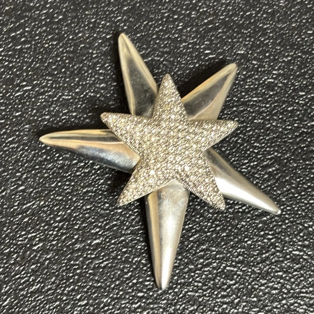Brushed Silver Double Crystal Star Brooch Statement Rhinestone